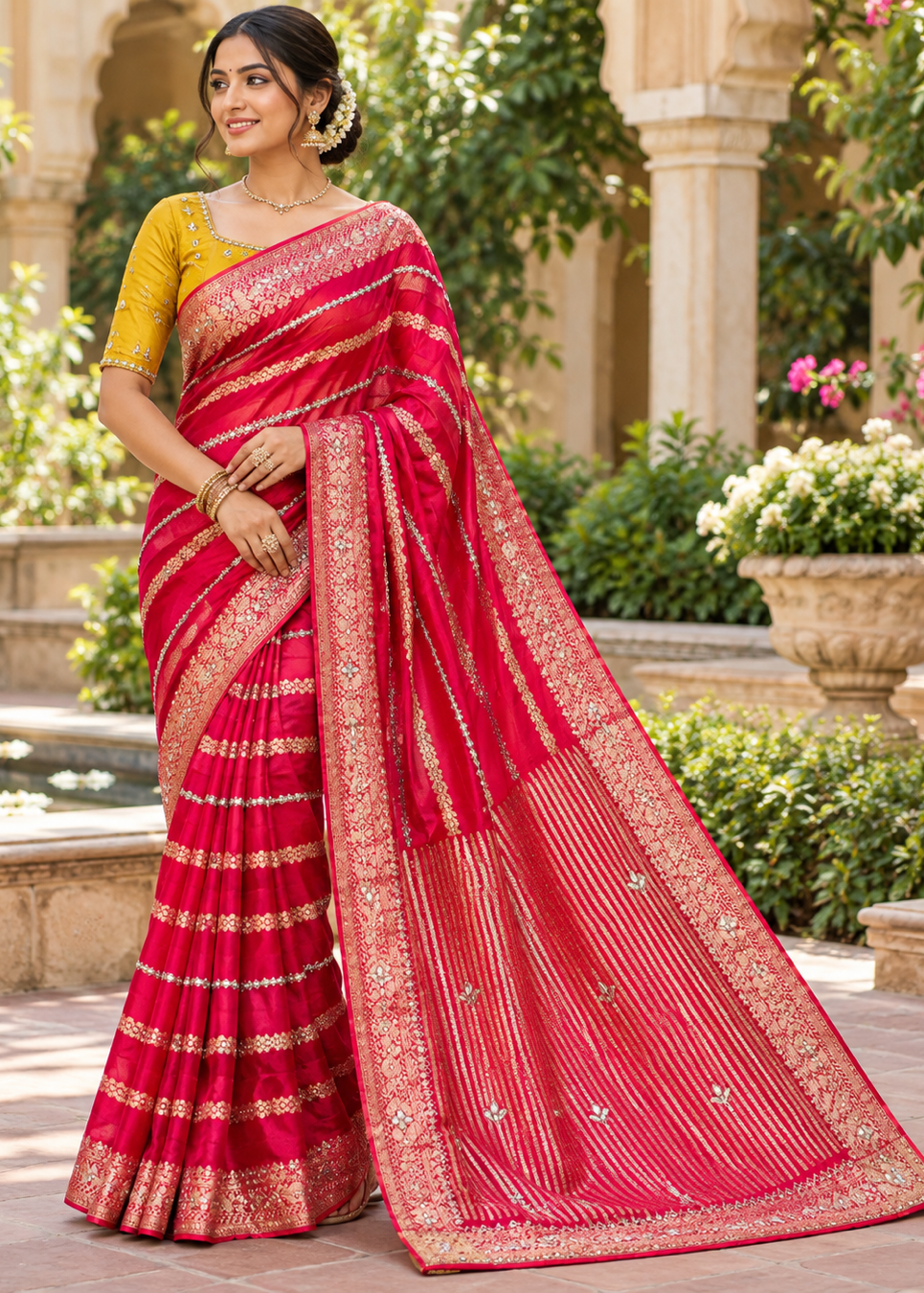 Rani Pink Silk Saree with Horizontal Zari Leheriya Stripes &amp; Floral Brocade Border Main image