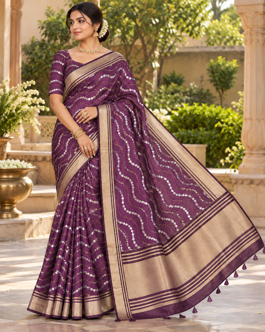 Deep Purple Saree with Wavy Zari and Sequin Embellishments
