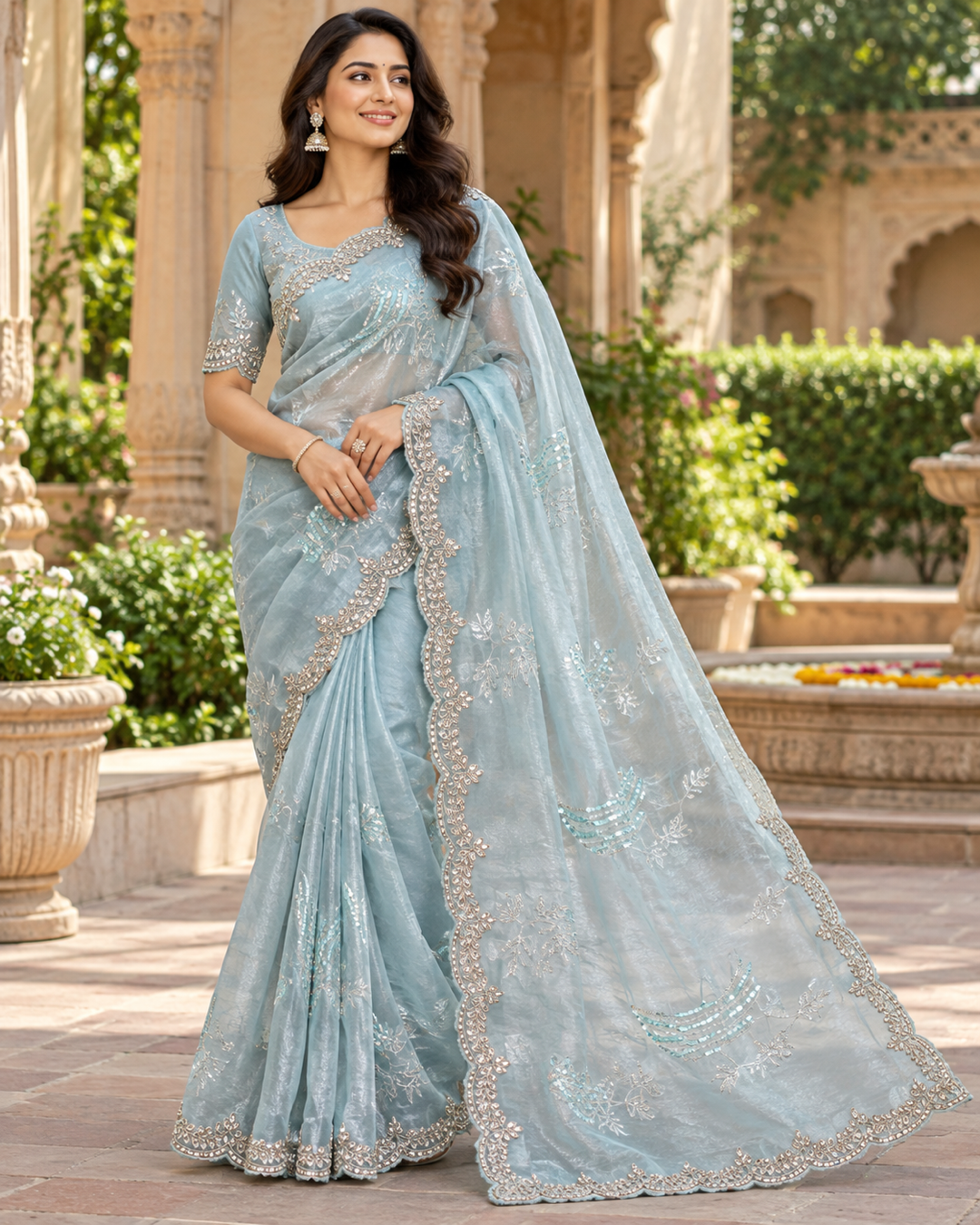 BLUE WOVEN CHECKS SAREE WITH EMBELLISHED BLOSUE AND BORDER