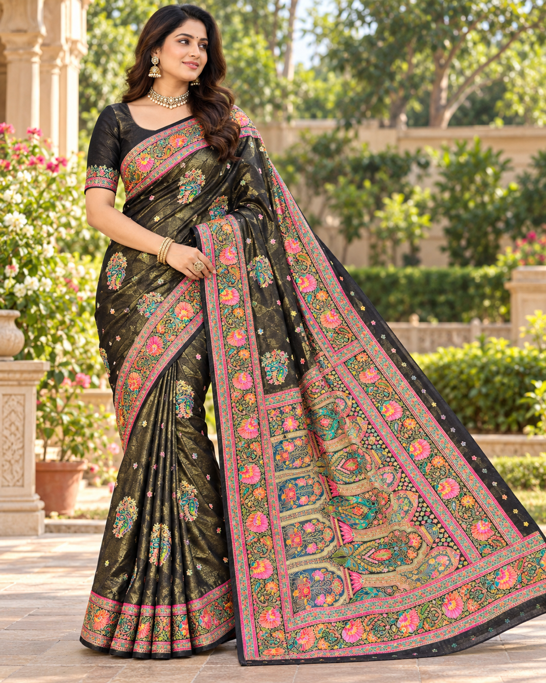 Jet Black Silk Tissue Saree with Floral Meenakari Motifs & Paithani Paisley Pallu