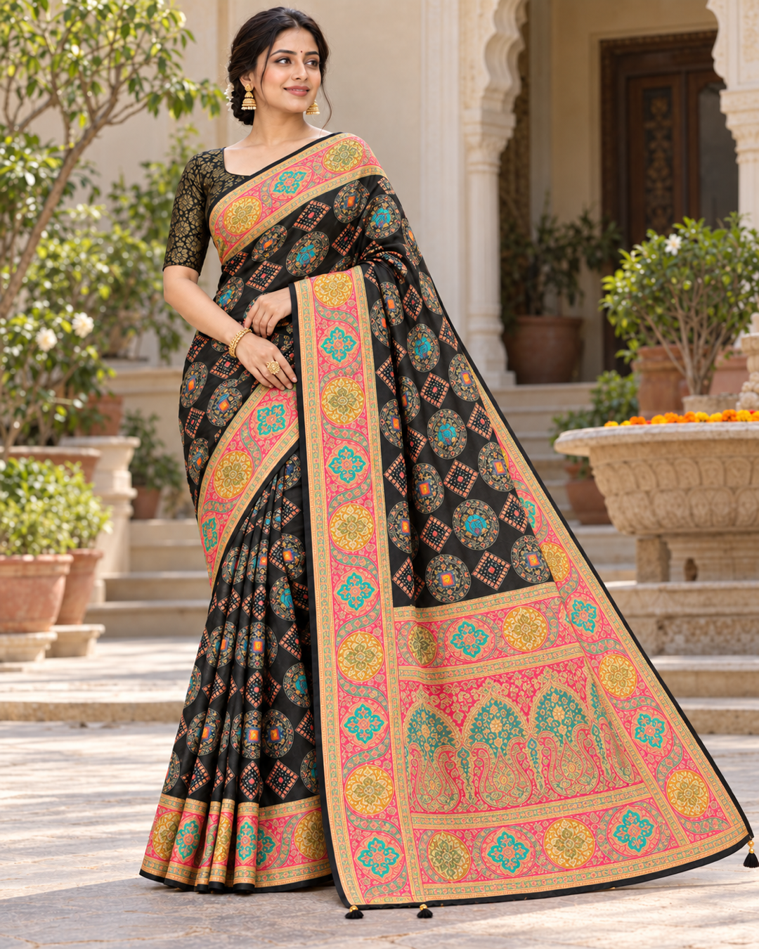 Black Silk Saree with Mosaic Print Main image