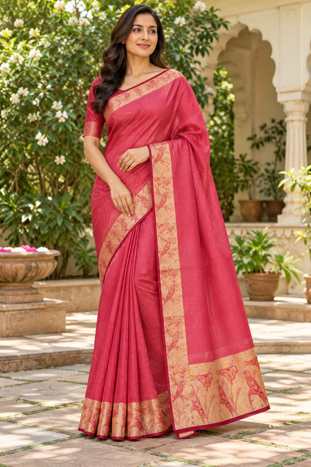 Rose Pink Bird Silk Saree Main image