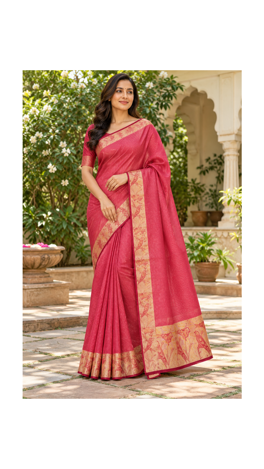 Rose Pink Bird Silk Saree Main image