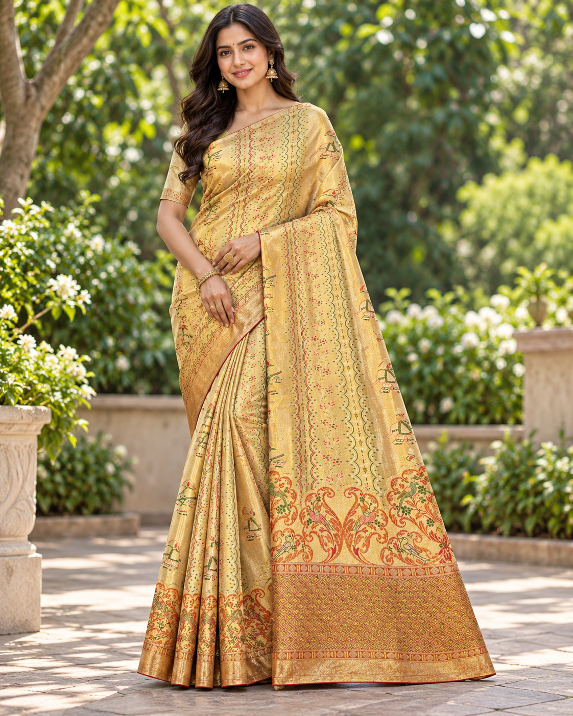Golden Banarasi-Style Saree with Multicolour Floral Motifs
