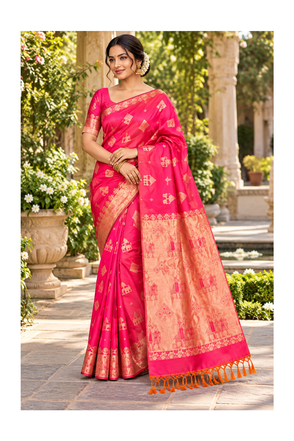 Rani Pink Royal Procession Banarasi Silk Saree Main image