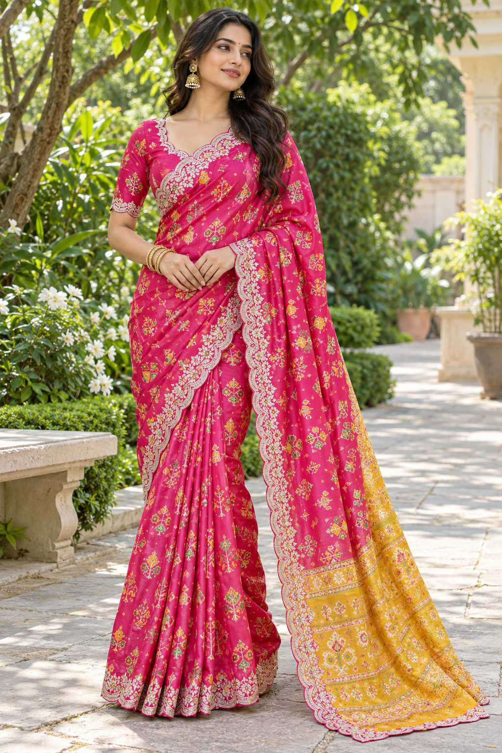 Vibrant Rani Pink Silk Saree with Mustard Yellow Contrast Pallu & Scalloped Zardozi Border