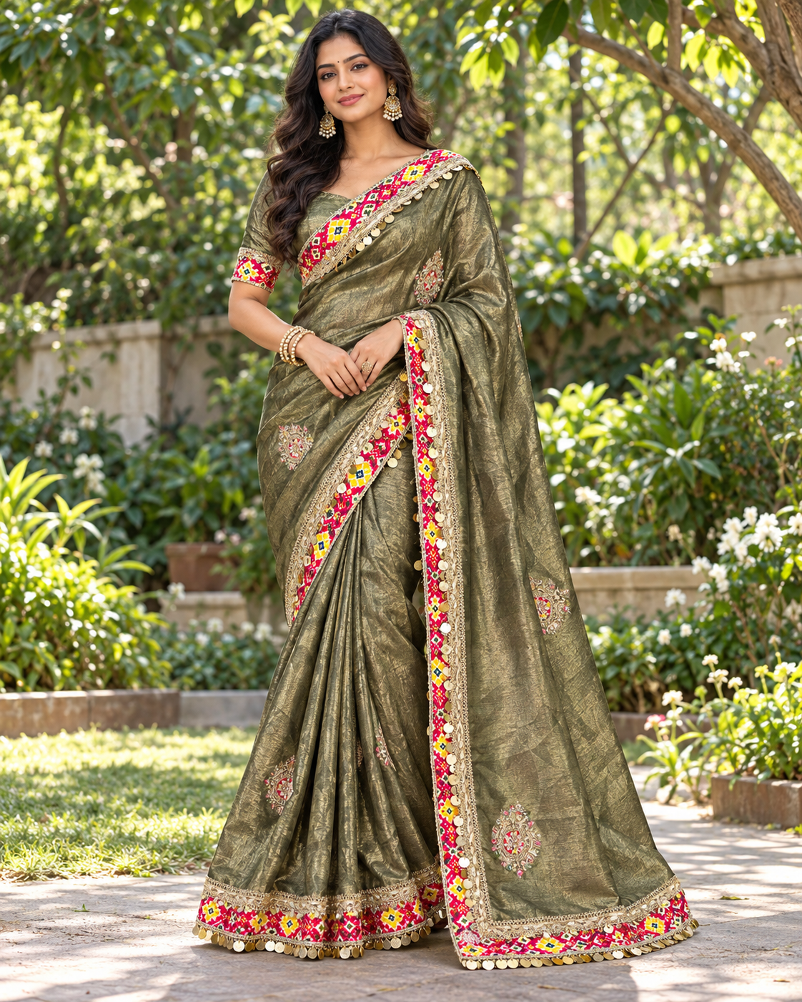 Olive Green Embroidered Silk Saree Main image