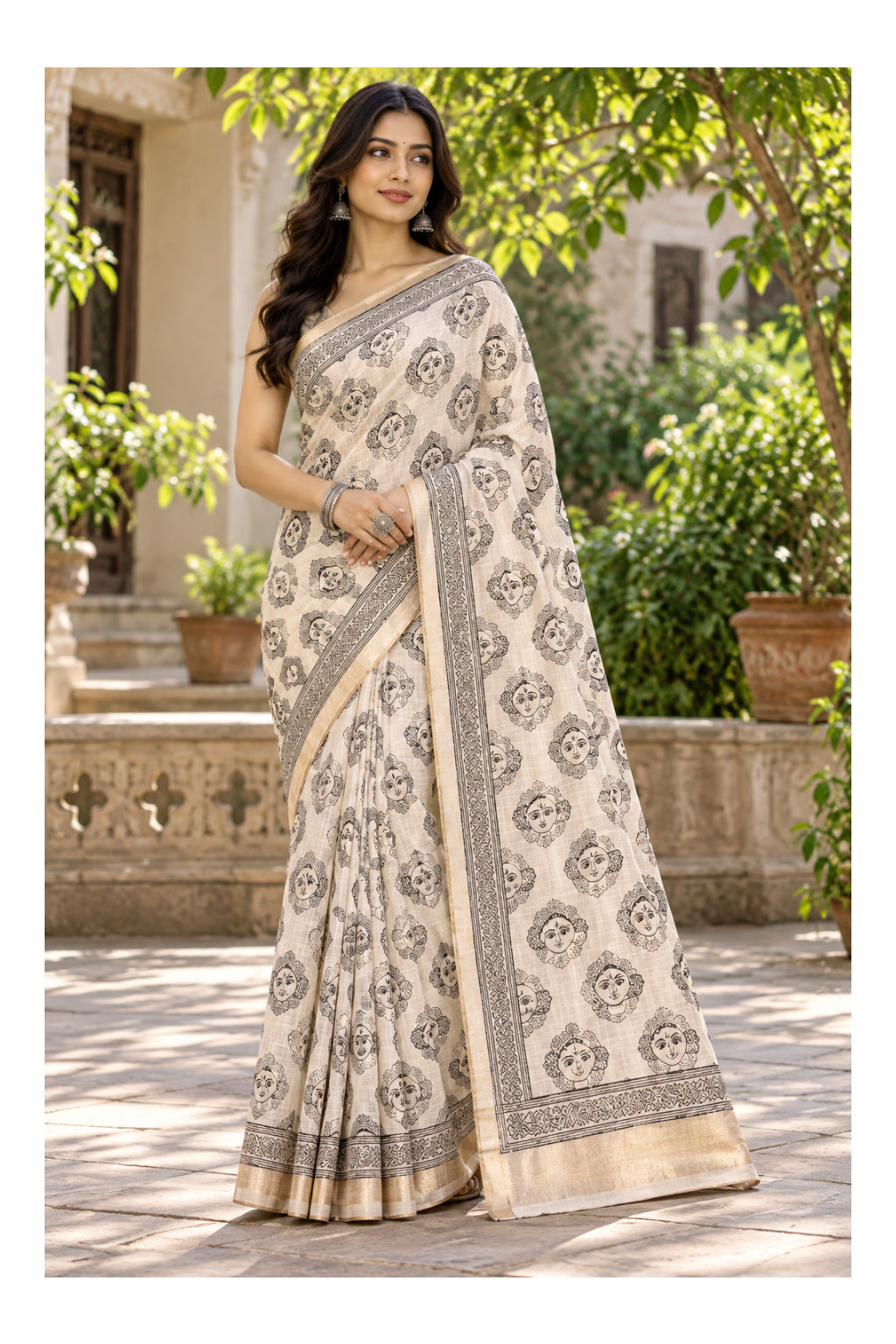 Beige Madhubani Motif Linen Cotton Saree Main image