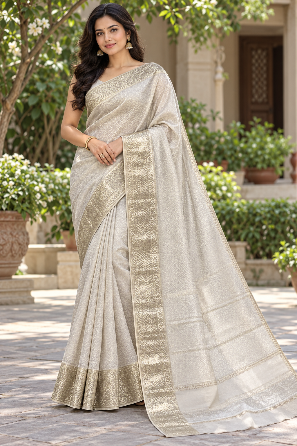 Off White Metallic Woven Saree Main image