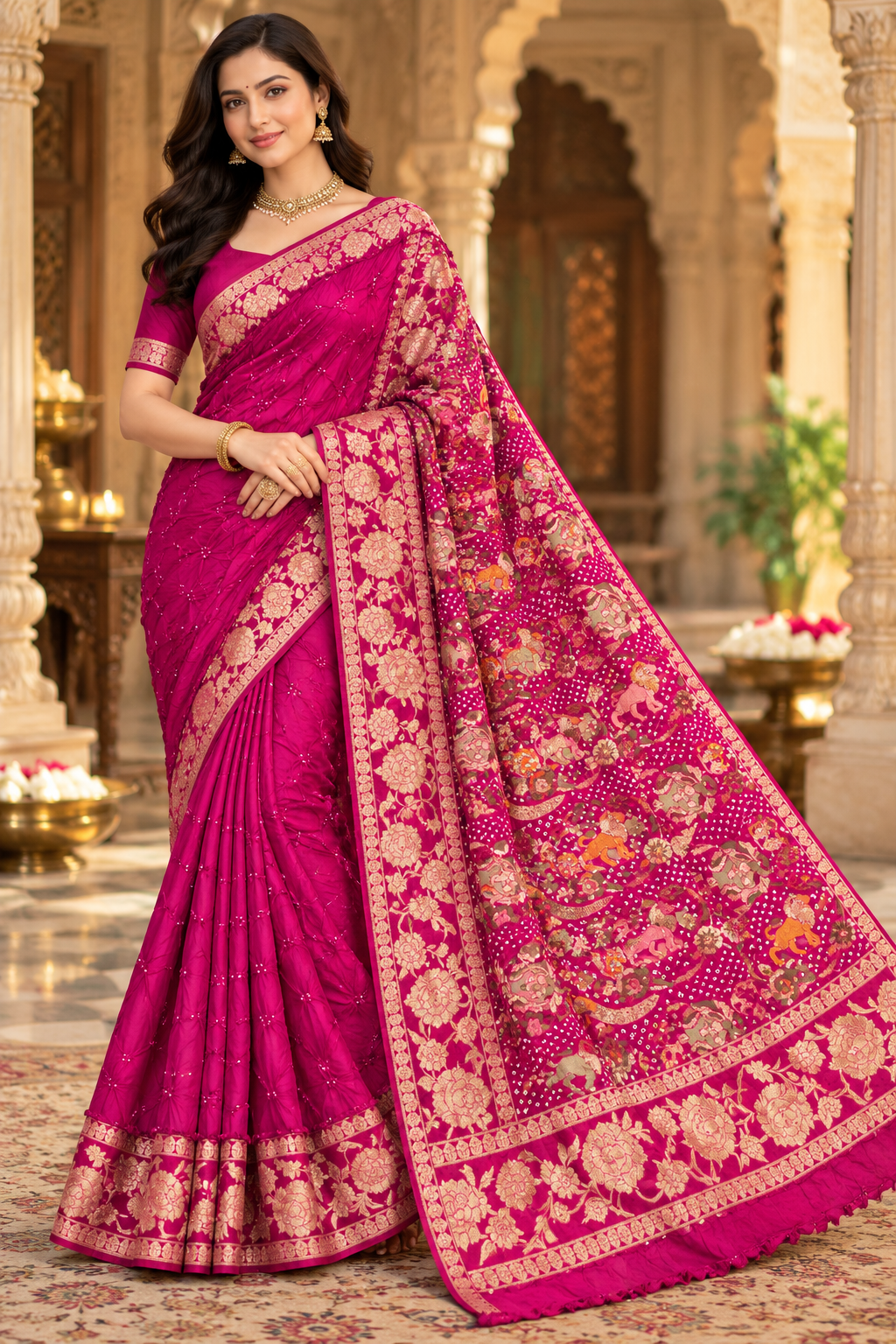 Magenta Bandhani Saree with Intricate Floral and Animal Motifs