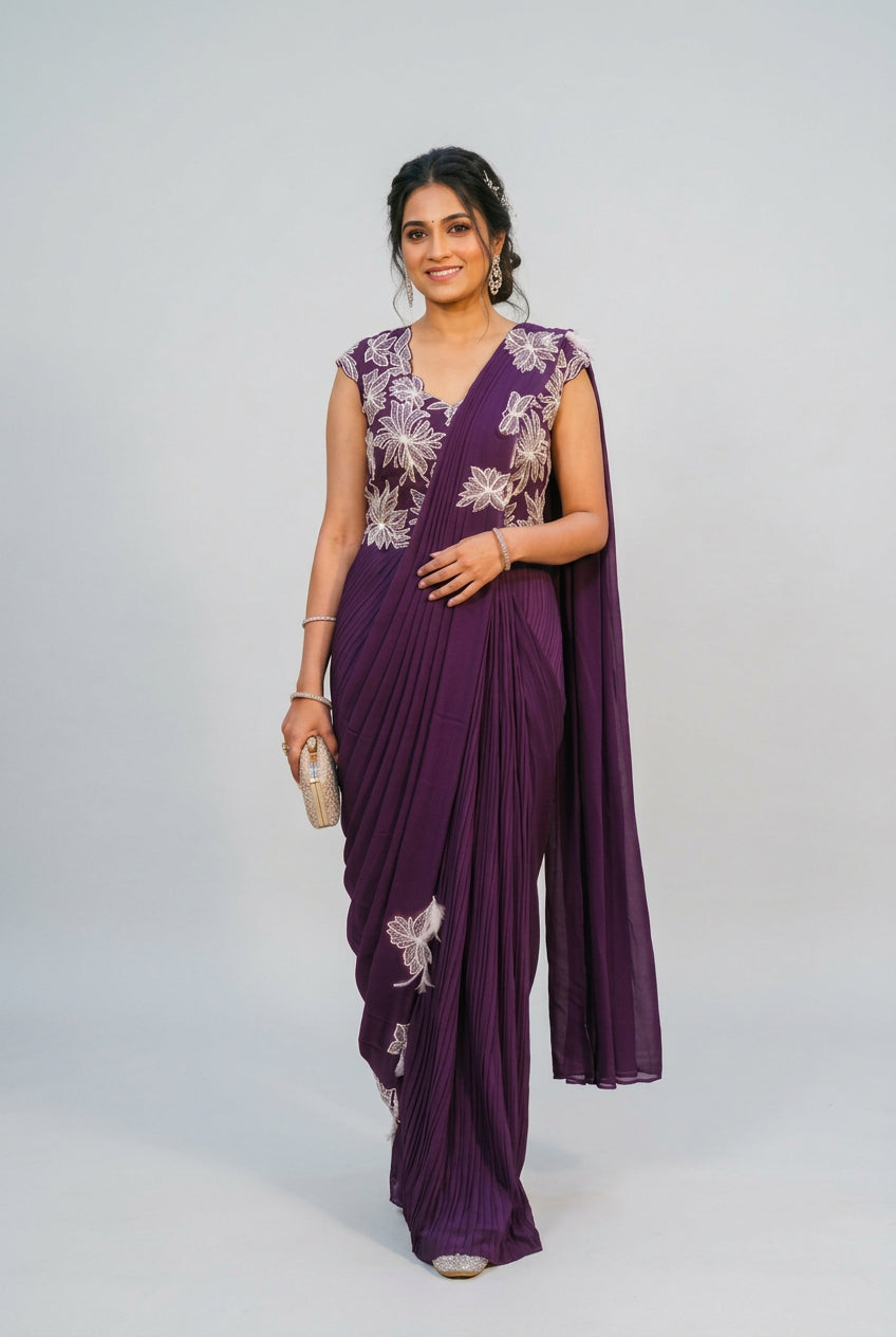 Regal Purple Embroidered Pre-Draped Saree Main image