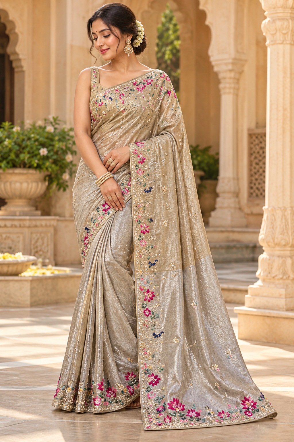 Champagne Gold Metallic Tissue Saree with Floral Resham & Zardozi Embroidered Border