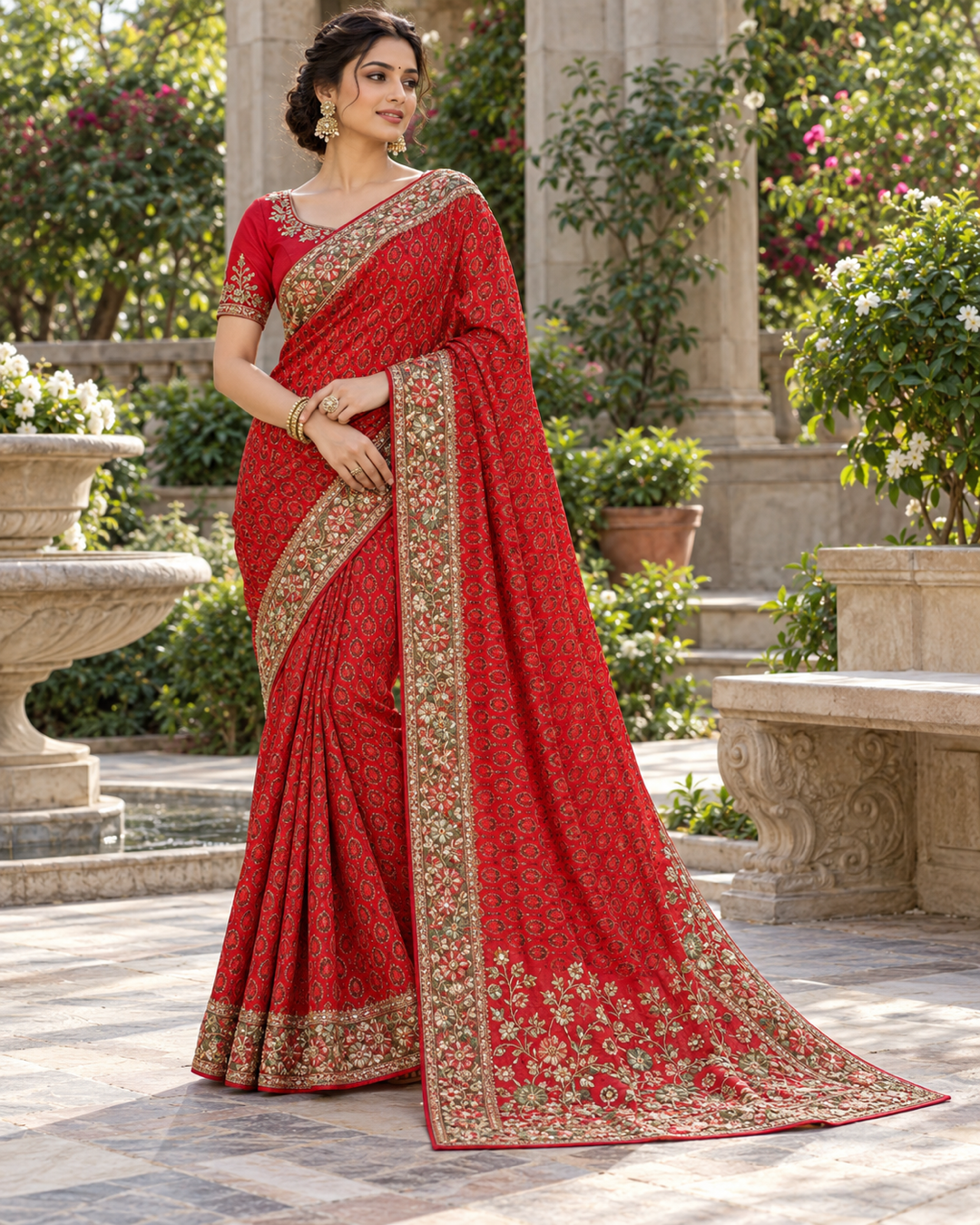 Crimson Red Silk Saree with All-Over Floral Jaal & Embroidered Zardozi Border