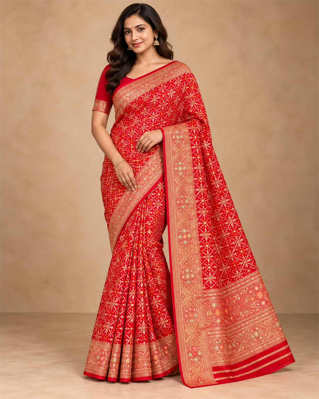 Crimson Red Geometric Zari Woven Saree