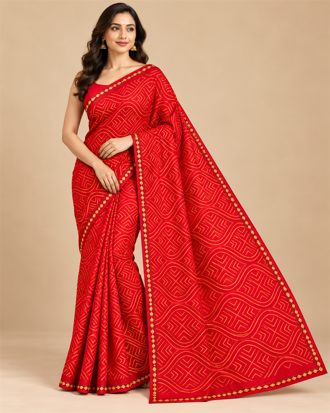 Scarlet Red Silk Saree with All-Over Gold Bandhani Geometric Grid Print