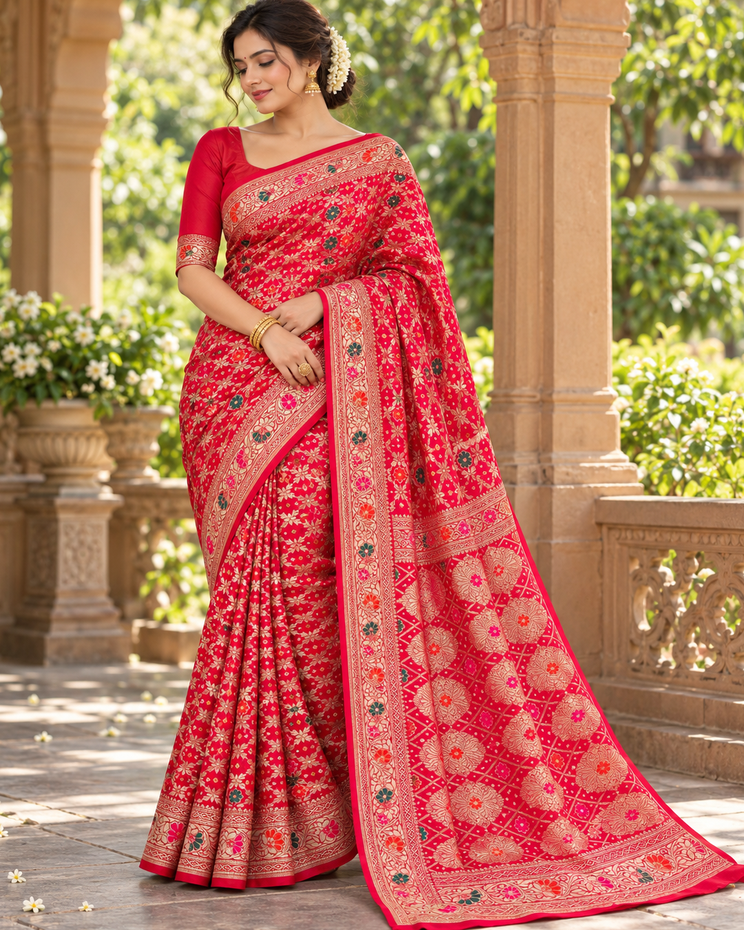 Crimson Red Zari Woven Floral Saree Main image