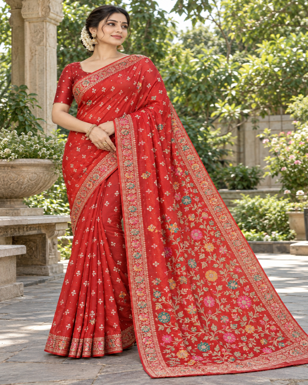 Crimson Red Floral Zari Woven Saree