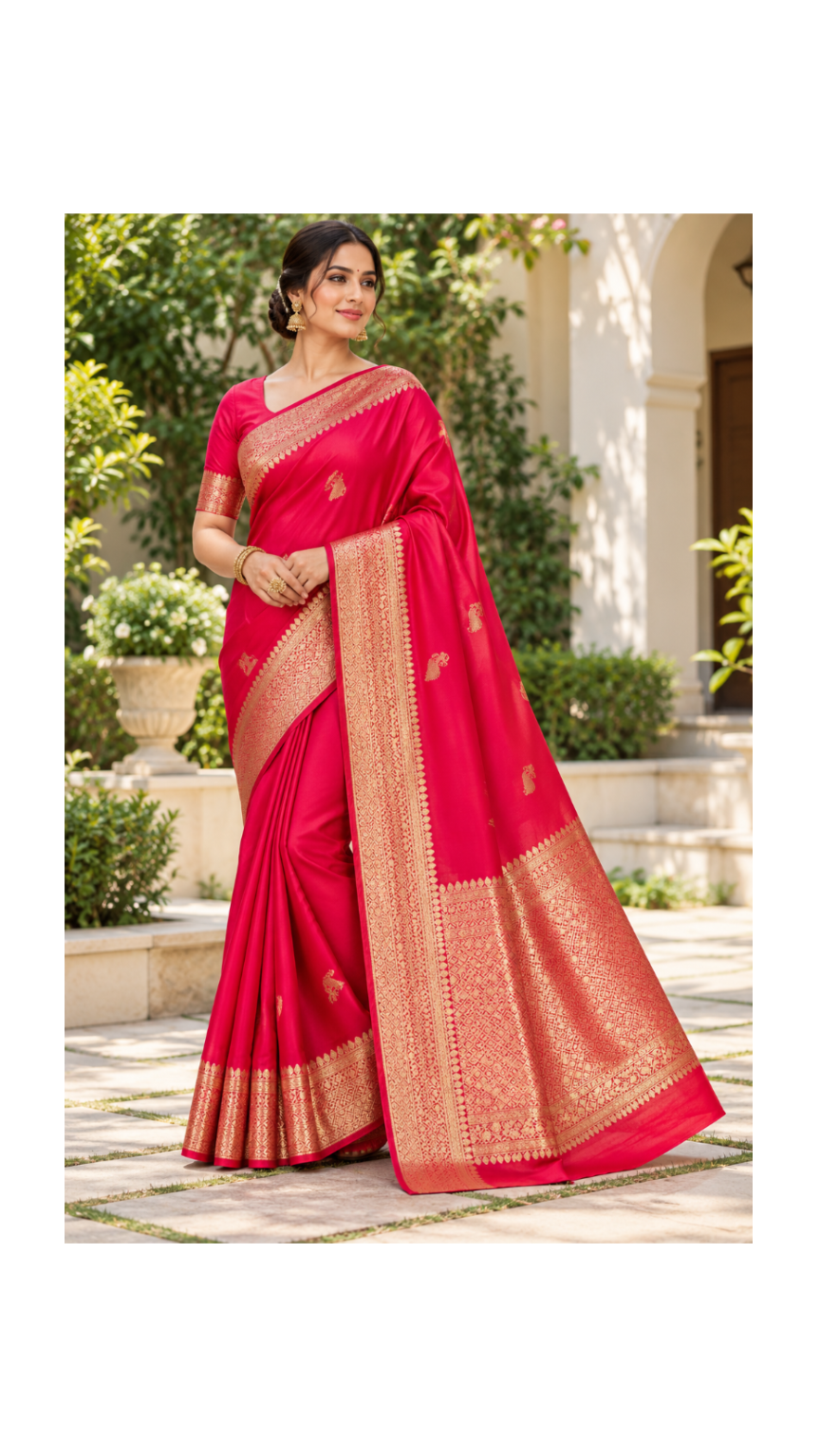 Crimson Pink Gold Silk Saree Main image