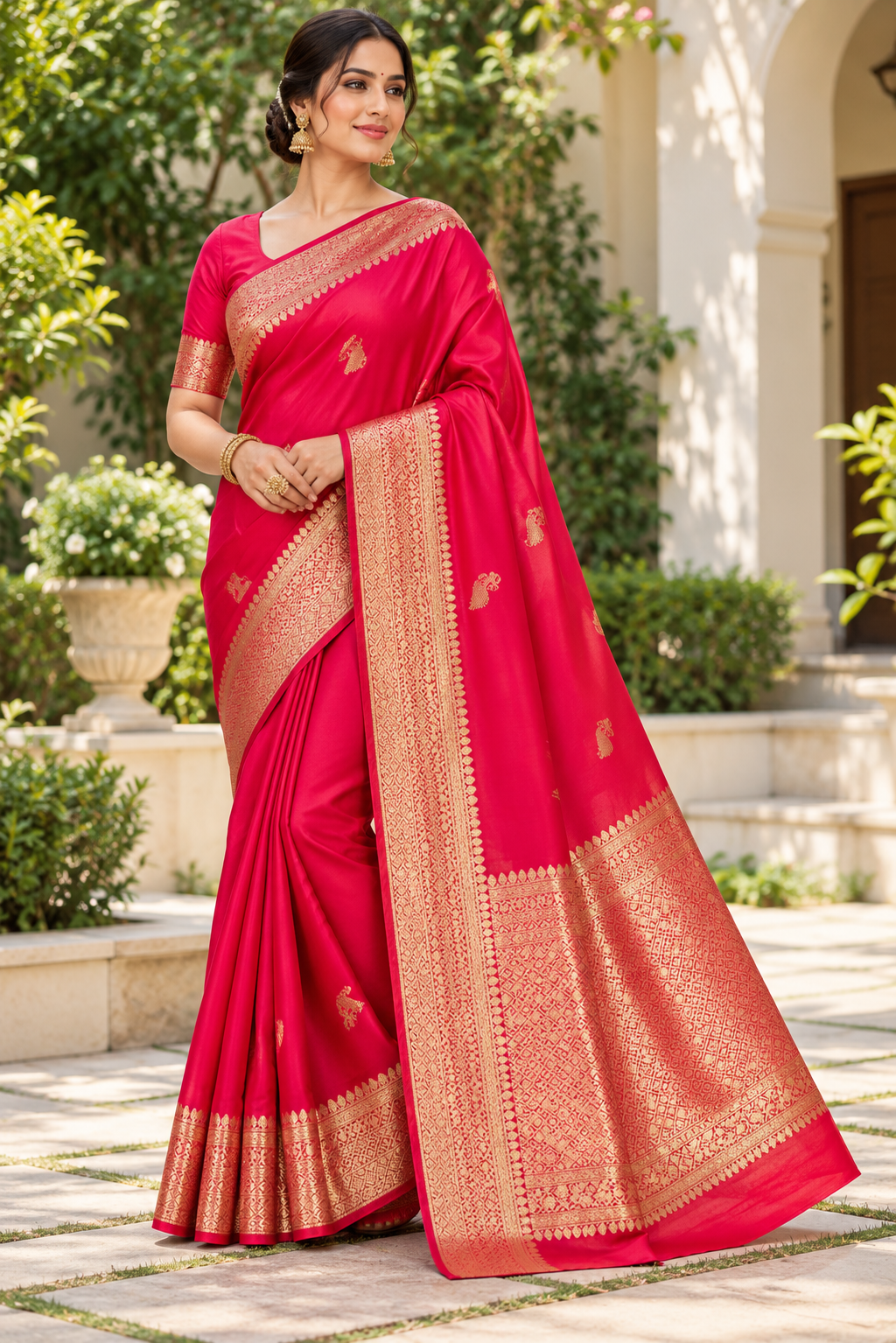 Crimson Pink Gold Silk Saree