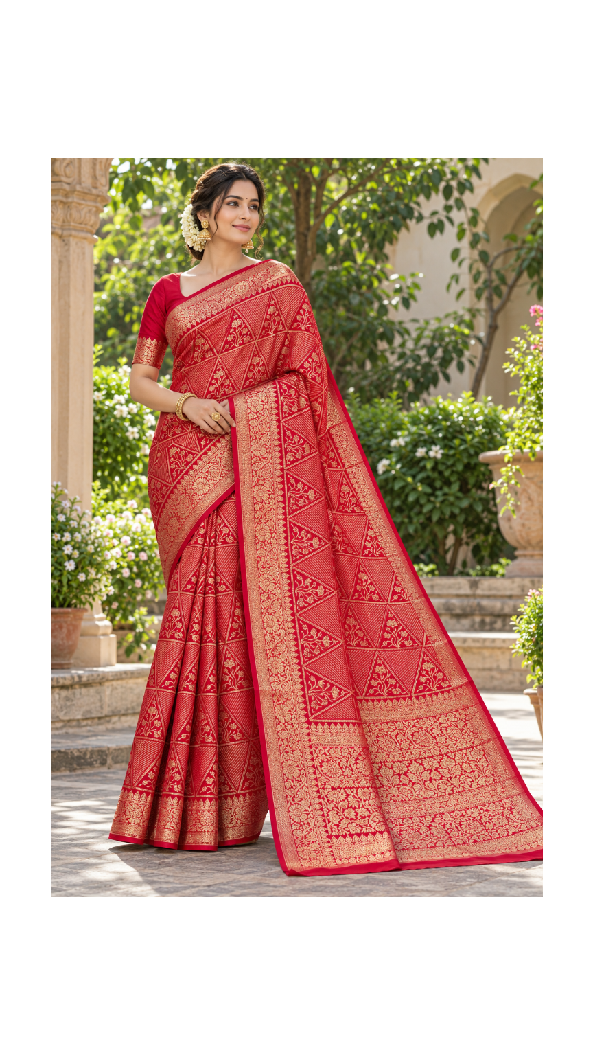 Crimson Red Geometric Silk Saree Main image