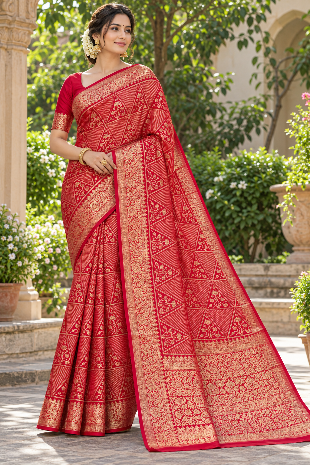 Crimson Red Geometric Silk Saree
