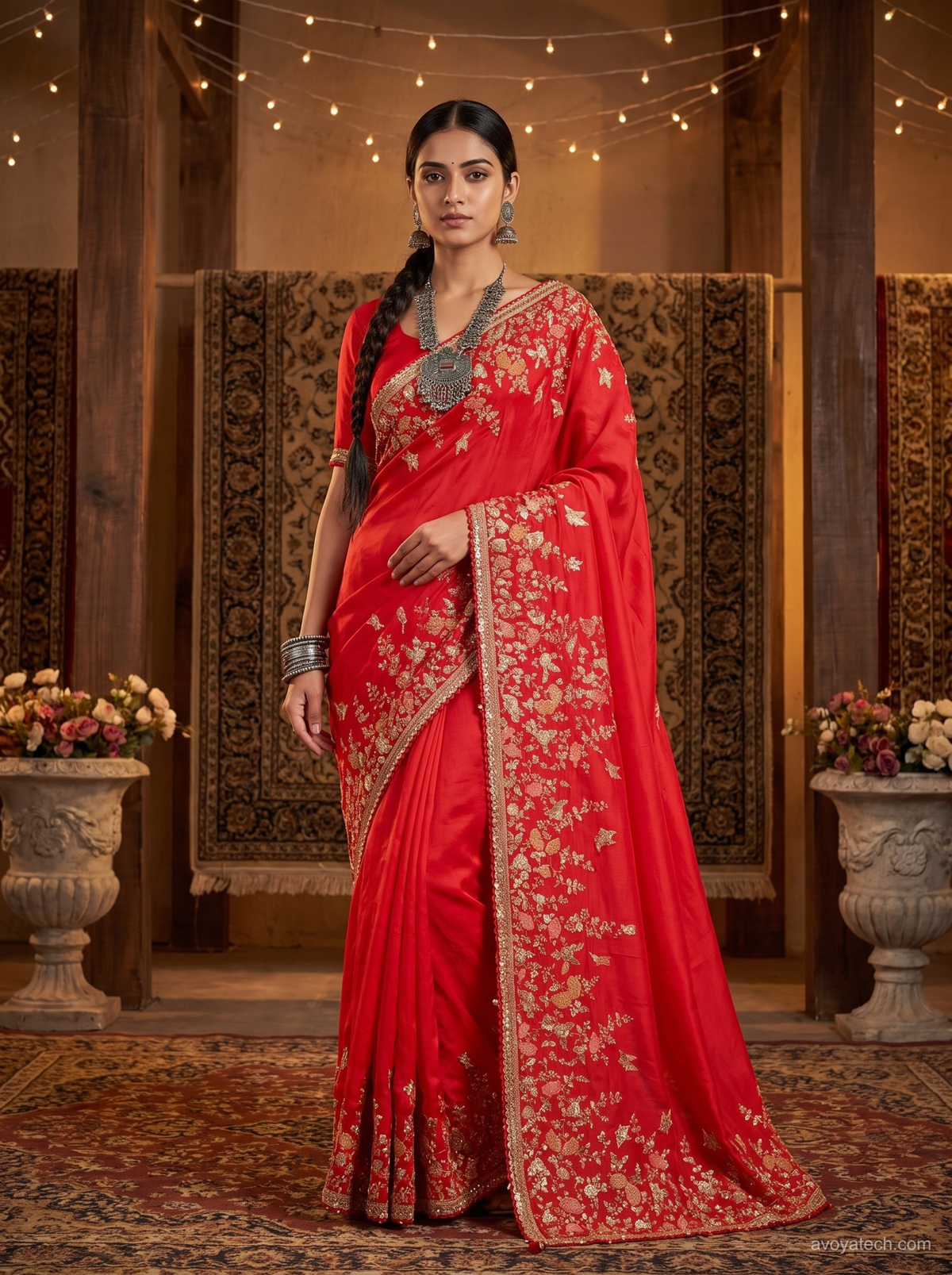 Crimson Red Silk Embroidered Saree with Zardozi Work