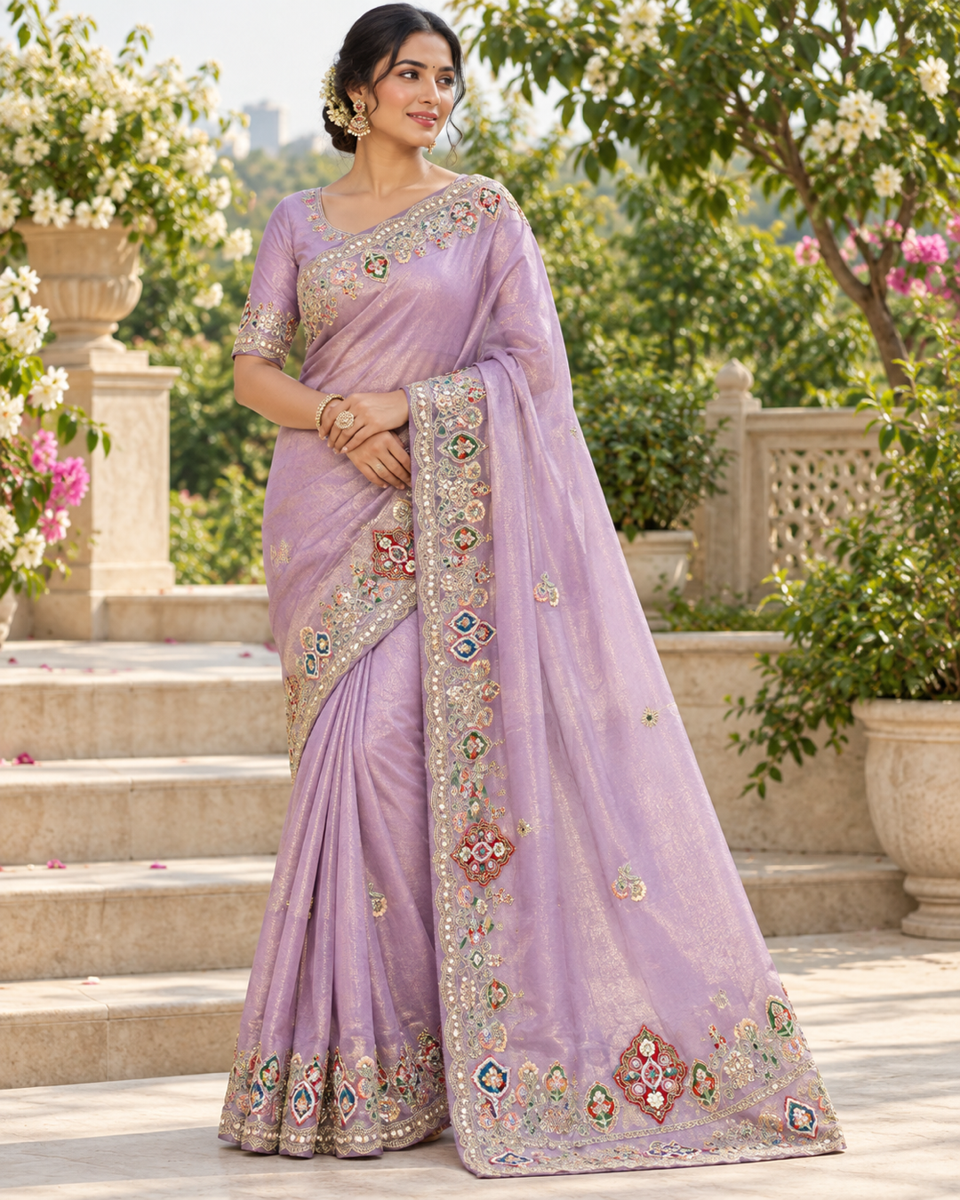 Lavender Shimmer Saree with Multi-Colored Embroidered Motifs Main image