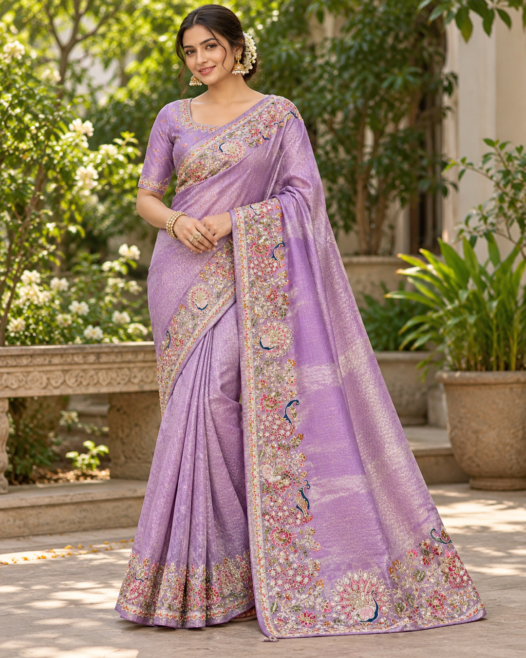 Lilac Saree with Floral and Peacock Embroidery Main image