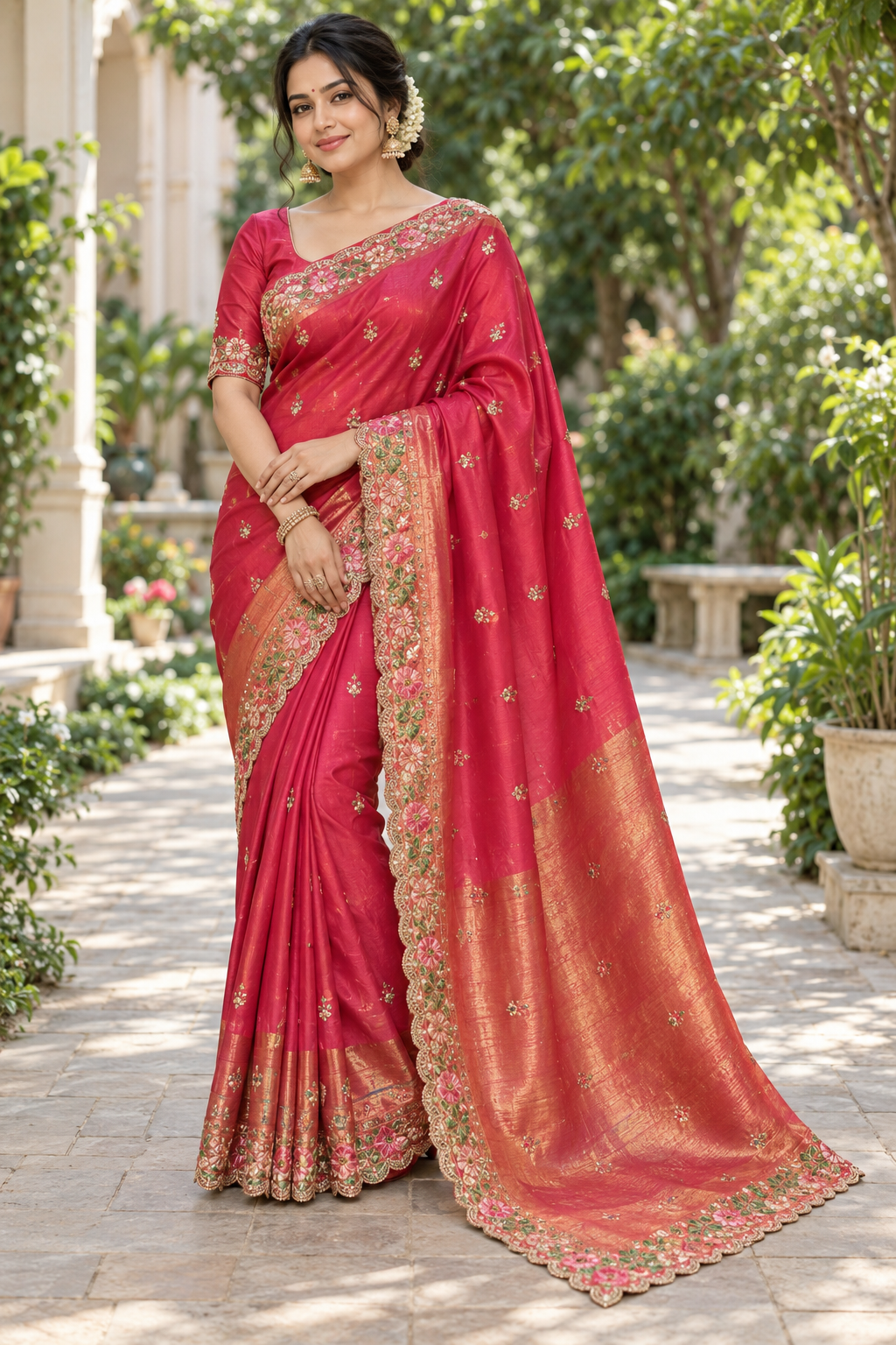 Crimson Red Silk Saree with Floral Resham Embroidery & Scalloped Zardozi Border