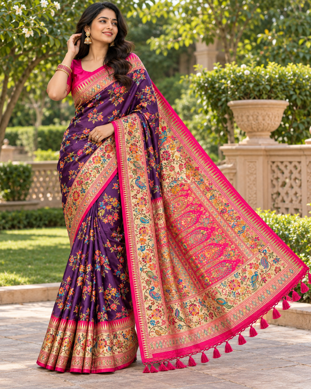 Deep Purple Silk Saree with Floral Jaal & Pink Pallu Main image