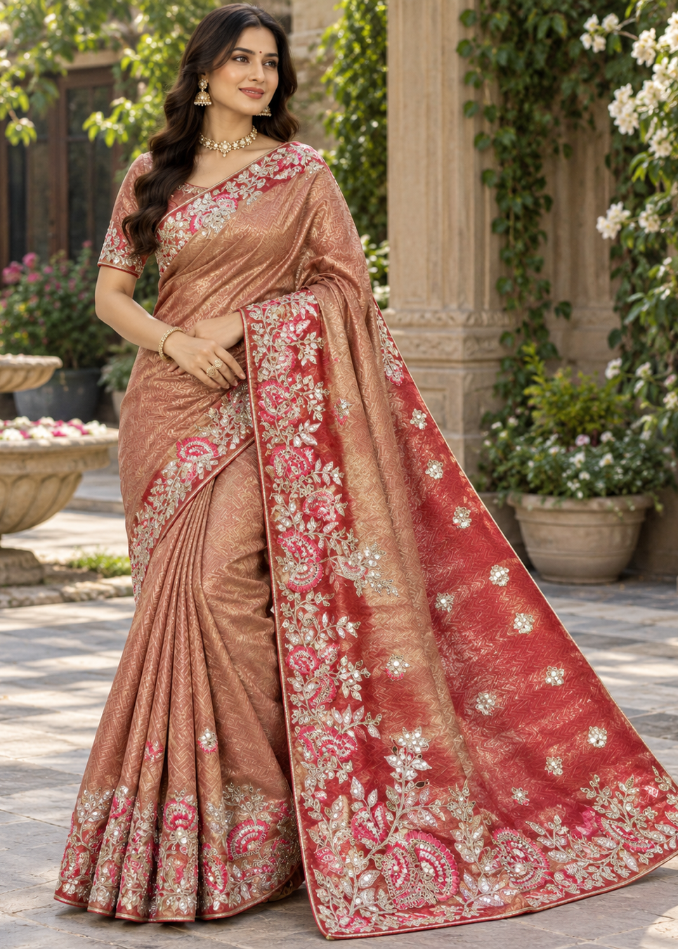 Rose Gold Metallic Tissue Saree with Pink Floral Embroidery & Cutwork Scalloped Border