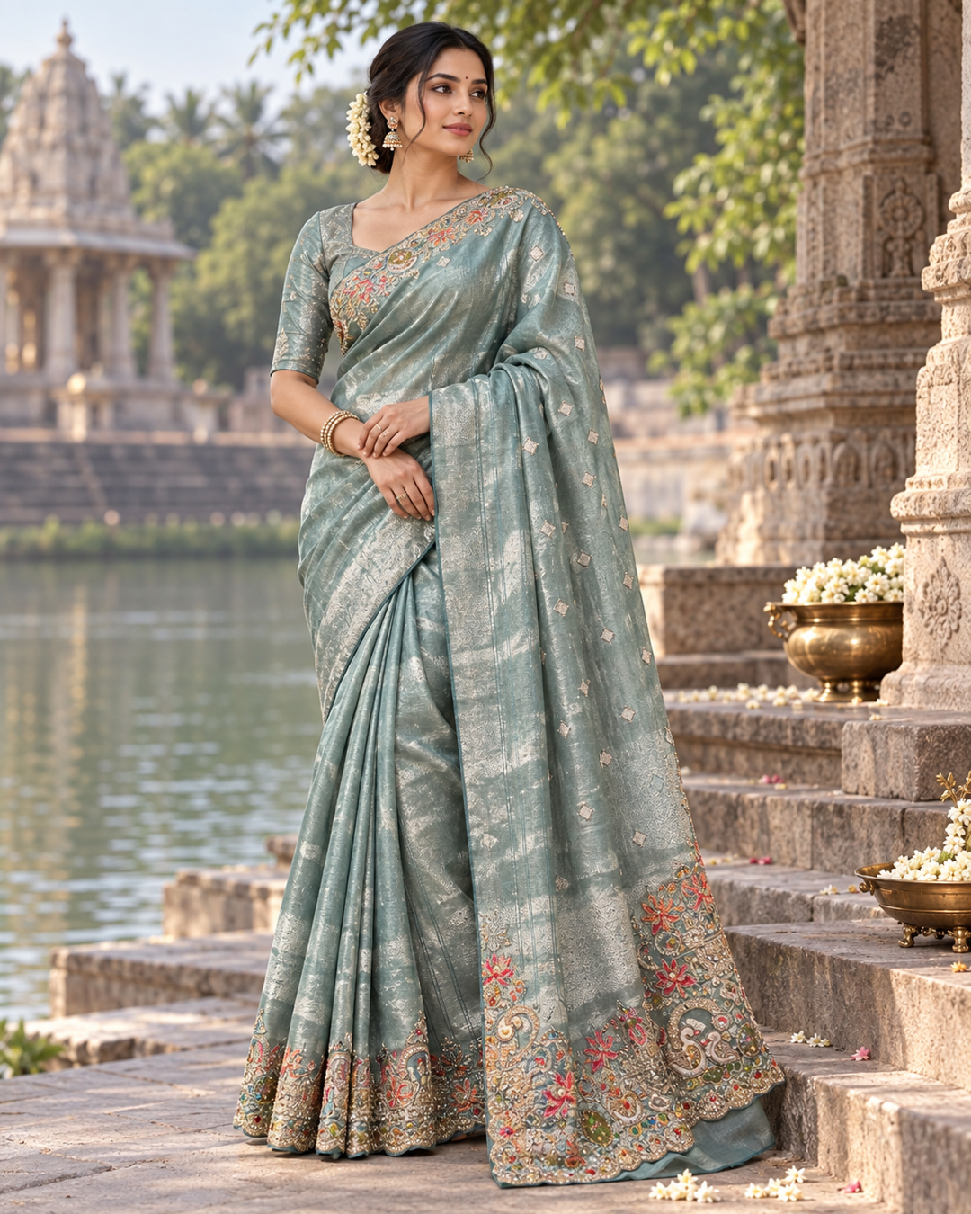 Sea Green Diamond-Motif Silk Saree Main image