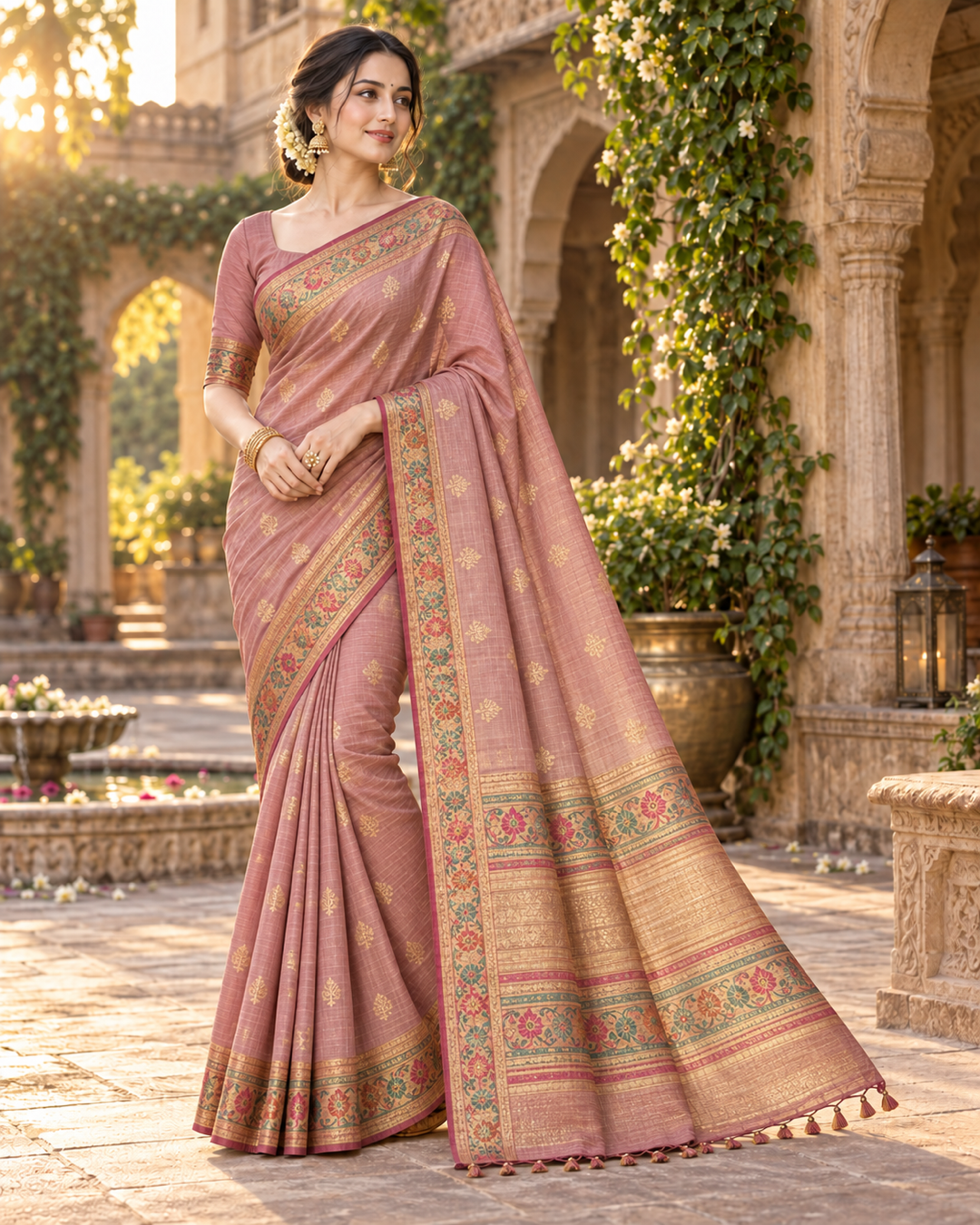 Dusty Rose Pink Saree with Floral & Gold Zari Pallu Main image