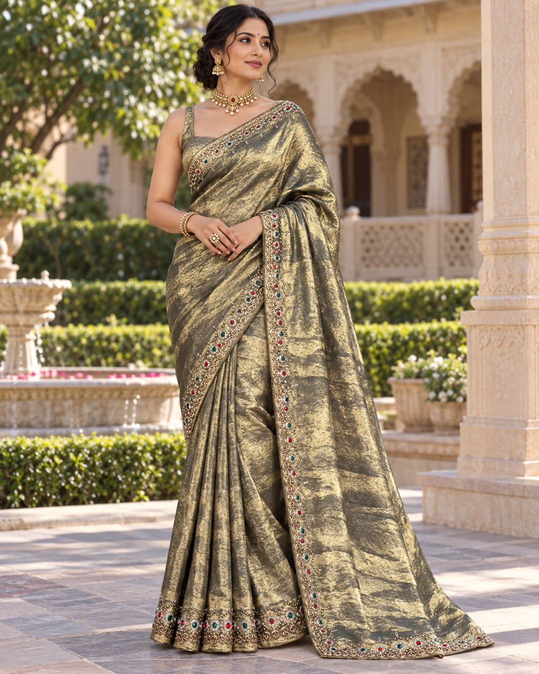 Antique Gold Metallic Sheen Saree with Jewel-Embellished Border Main image