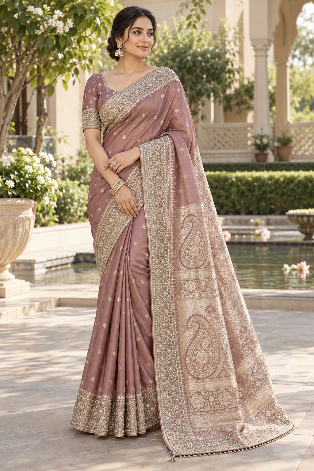 Mauve Pink Silk Saree with Antique Gold Zardozi & Paisley Jacquard Pallu