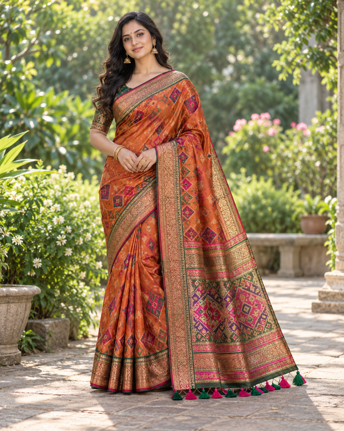 Rust Patola-Style Saree with Multicolour Geometric Motifs Main image