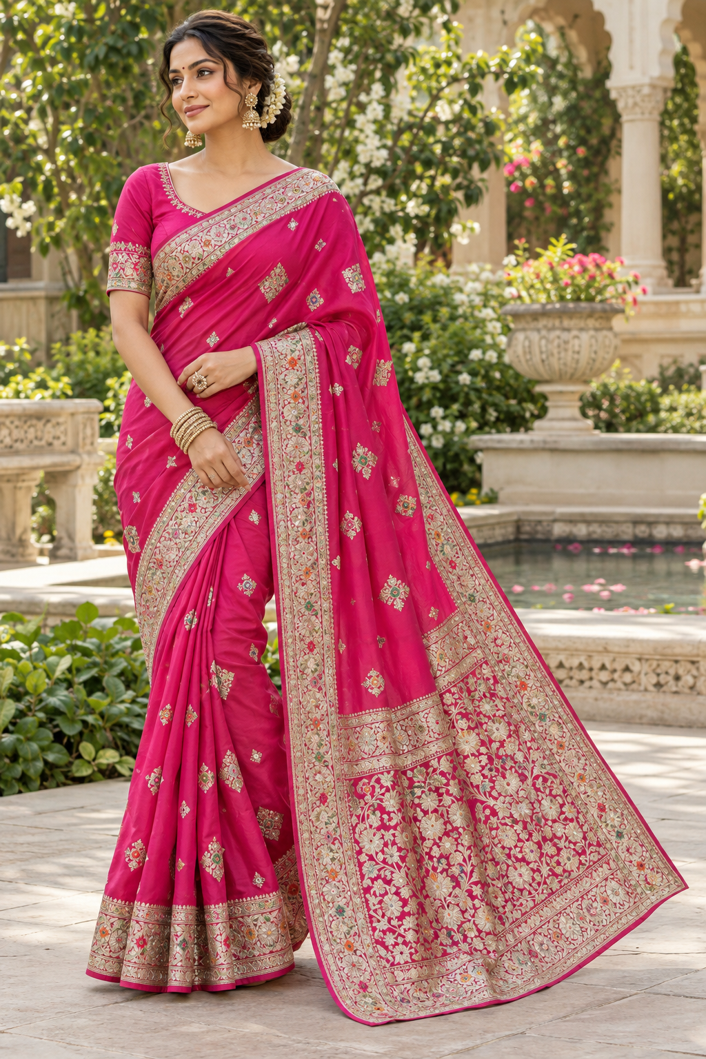 Fuchsia Pink Zari Buti Saree