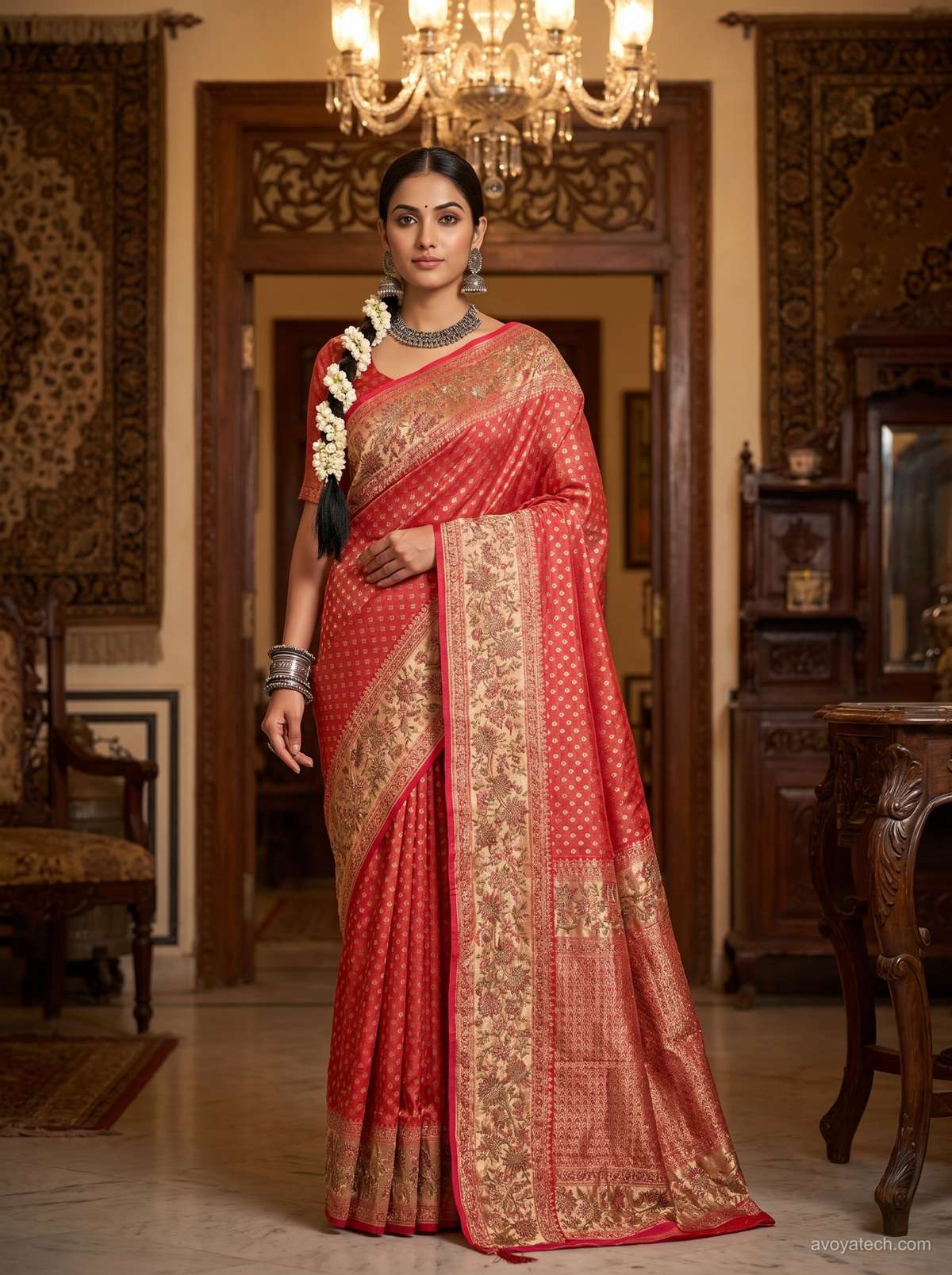 Royal Navy Blue Banarasi Silk Saree with Geometric Zari Pleats, Resham Floral Accents