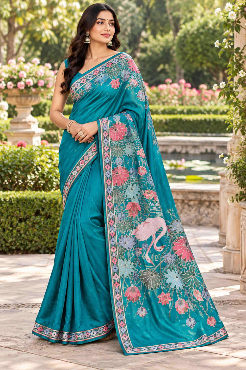 Peacock Blue Silk Saree with Hand-Embroidered Floral & Flamingo Pallu