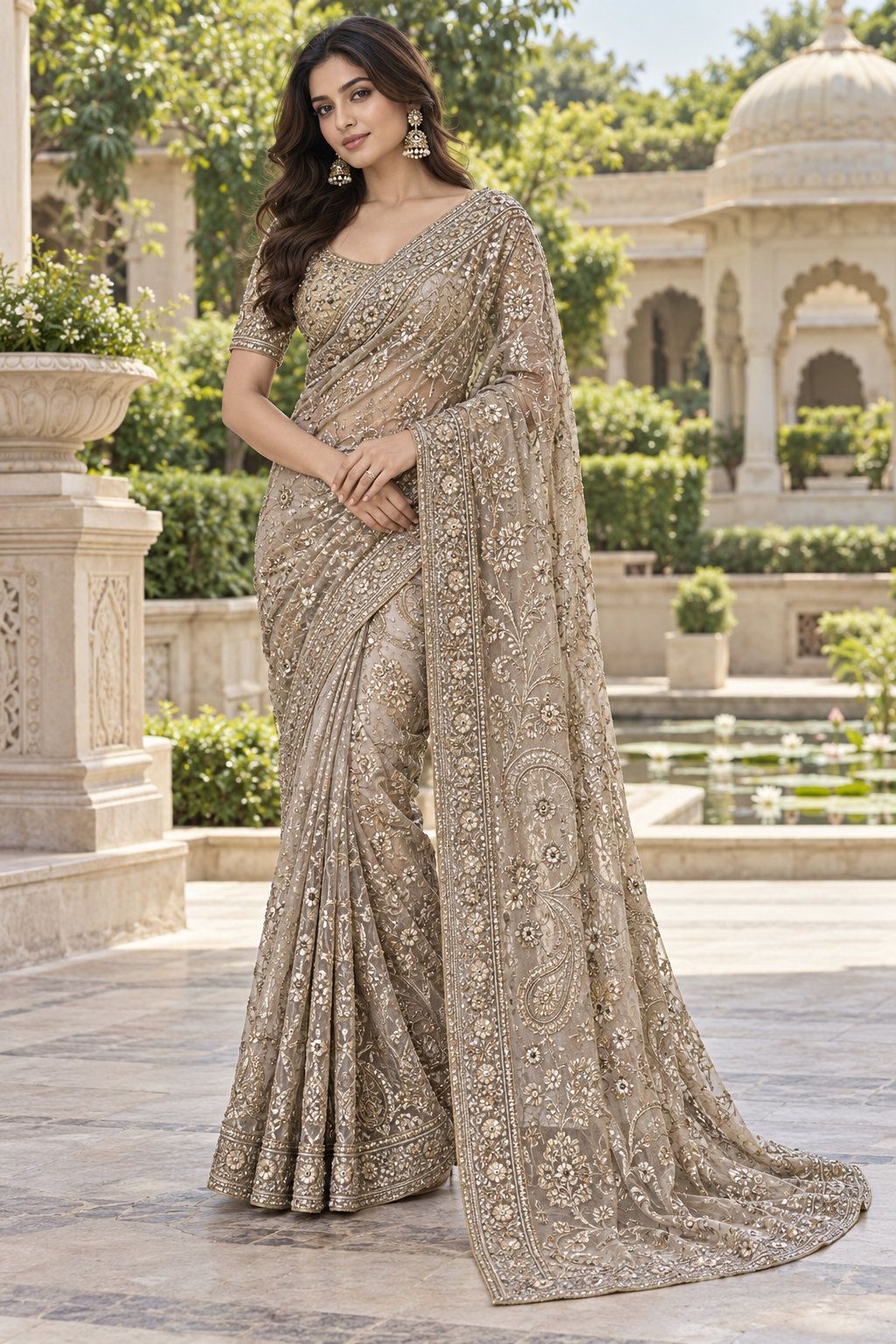 Taupe Beige Net Saree with Heavy Gold Zardozi Floral Jaal & Paisley Border Main image