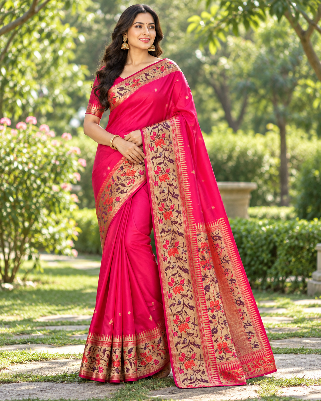 Vibrant Pink Brocade Silk Saree Set