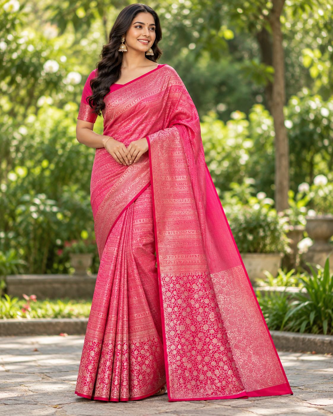 Rani Pink Banarasi-Style Saree with Rose Gold Zari Work Main image