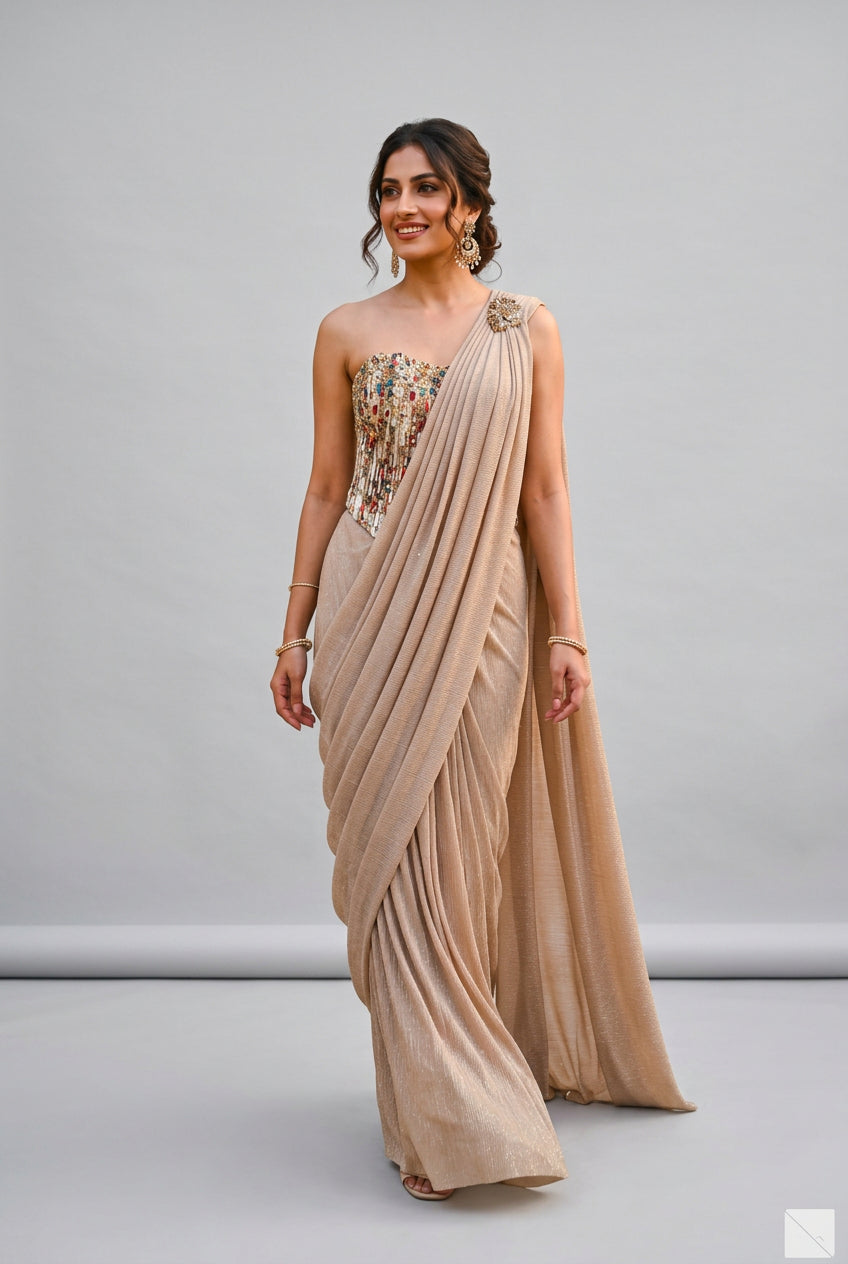 Champagne Gold Indo-Western Saree Main image
