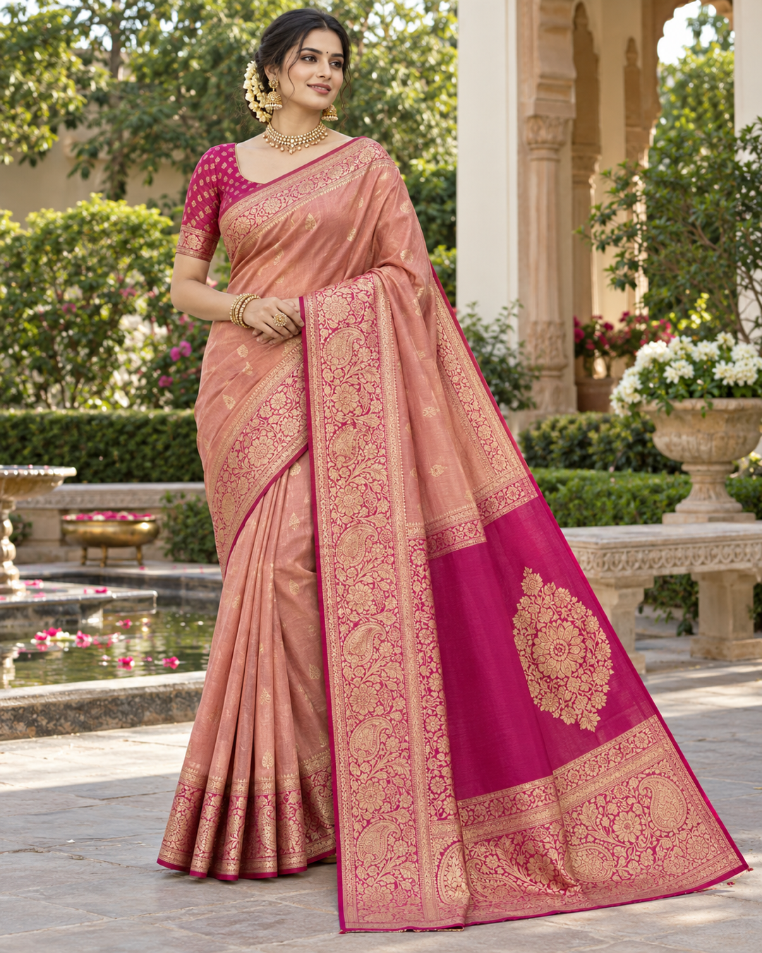 Peach Pink Silk Banarasi Saree with Rani Pink Contrast Pallu & Gold Zari Paisley Border