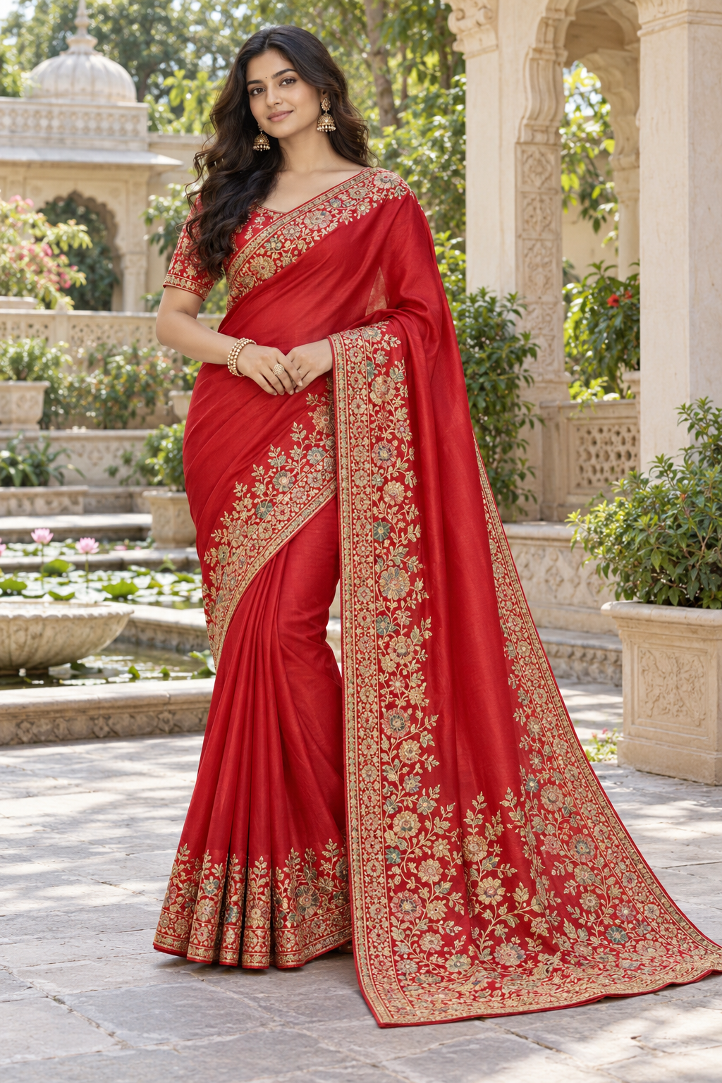Vibrant Ruby Red Silk Saree with Antique Gold & Multi-Color Floral Zardozi Embroidery