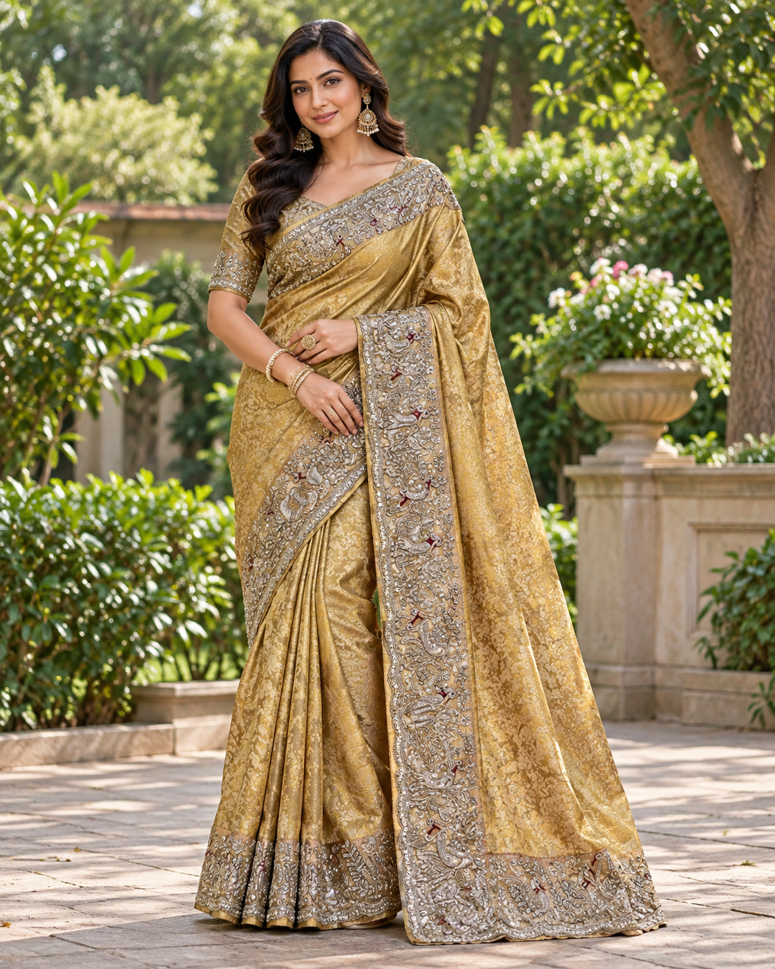 Luminous Beige Metallic Tissue Silk Saree Main image