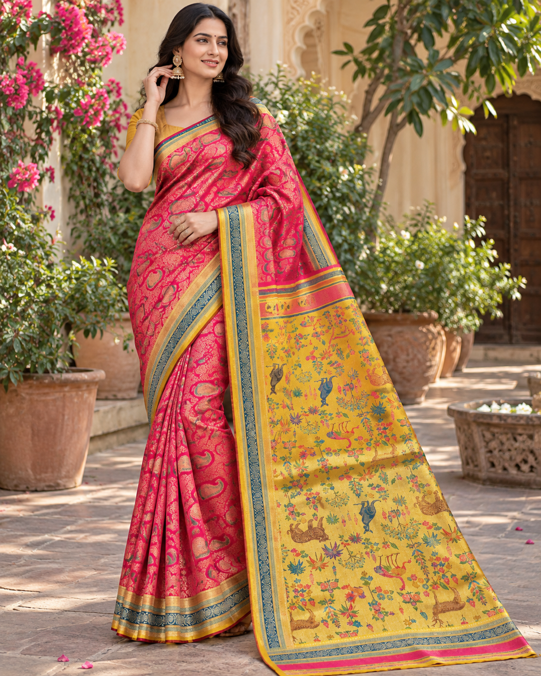 Pink and Yellow Paisley Silk Saree Main image
