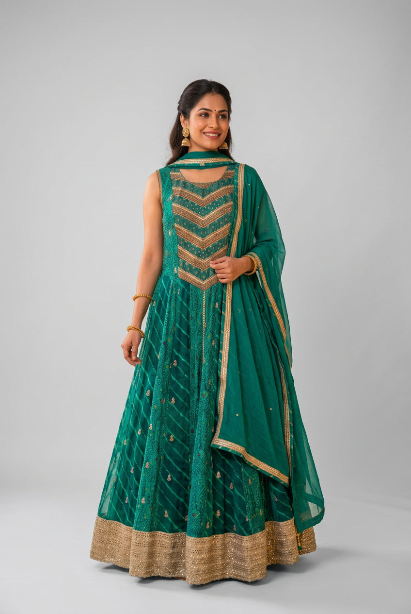 Emerald Green Chevron Embroidered Anarkali Gown Set