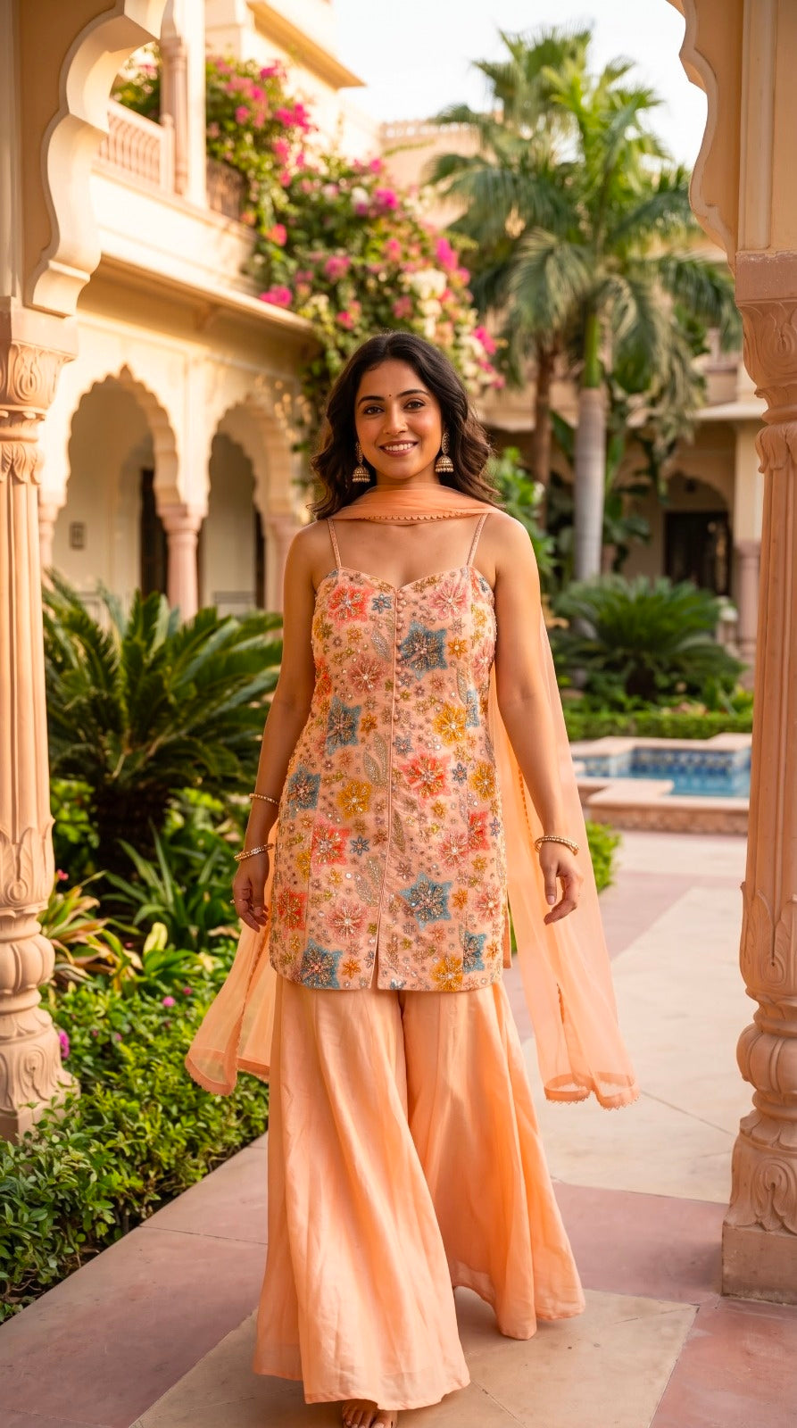 Peach Heavily Embroidered Kurti Set Main image