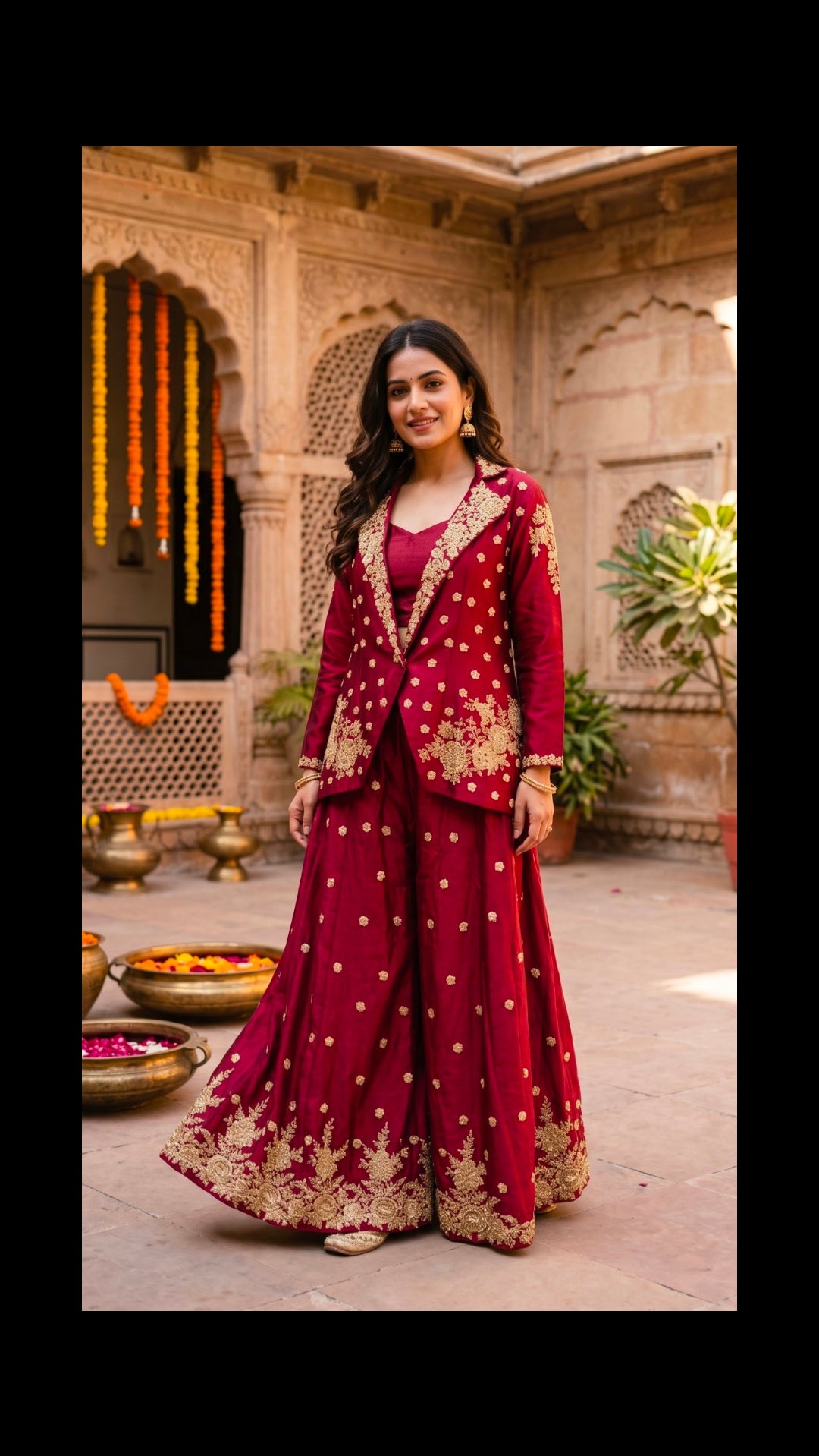 Crimson Gold Embroidered Blazer and Palazzo Set Main image